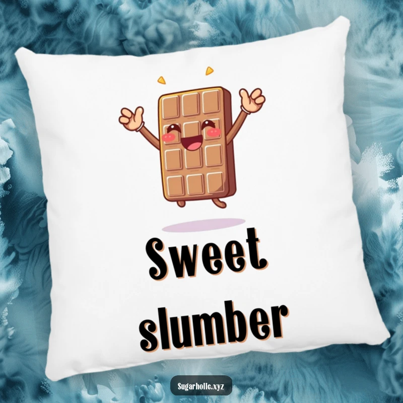 Funny chocolate bar character doing a celebratory jump, depicted as a soft, decorative pillow for a humorous and sweet touch.