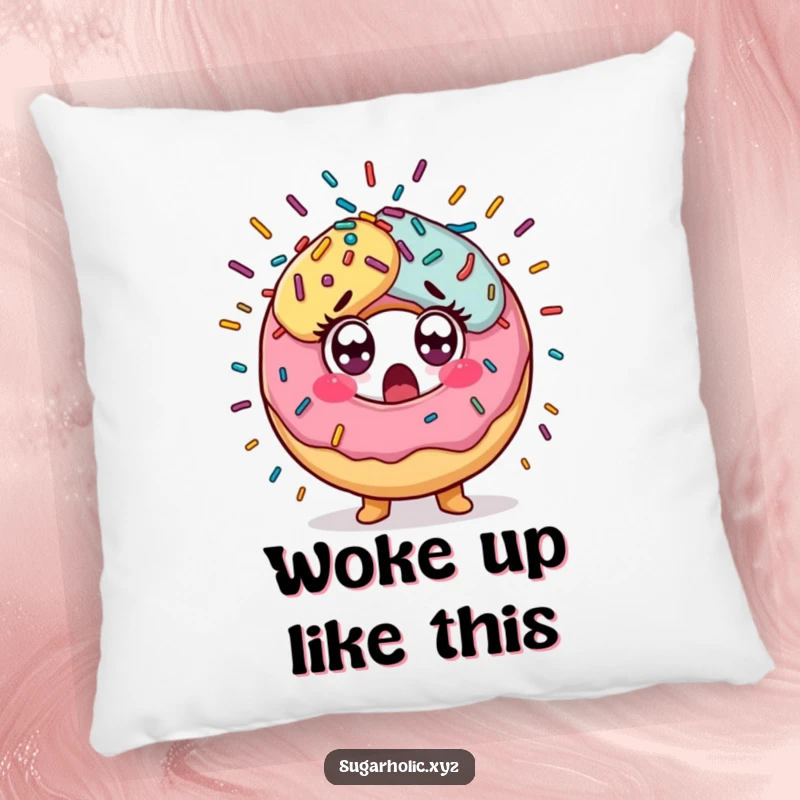 Funny Pillow showcasing a surprised donut character with wide eyes amidst a colorful explosion of sprinkles, offering comfort and whimsy.