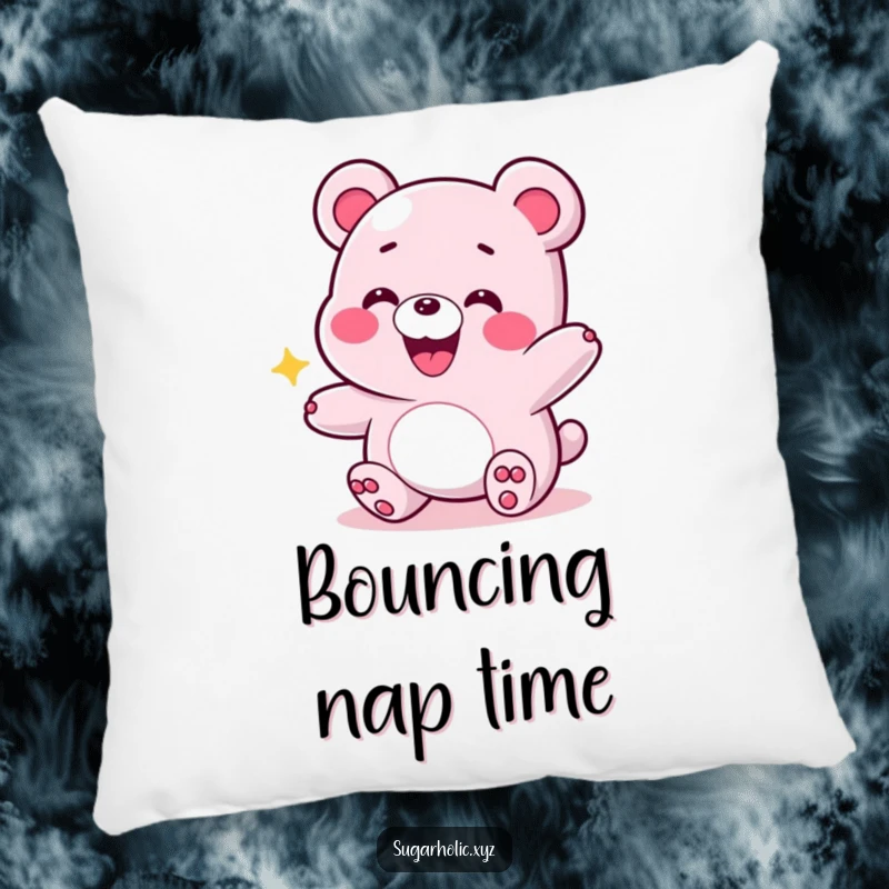 Funny pillow showcasing a grinning gummy bear in an energetic bounce, perfect for adding playful comfort and vibrant energy.