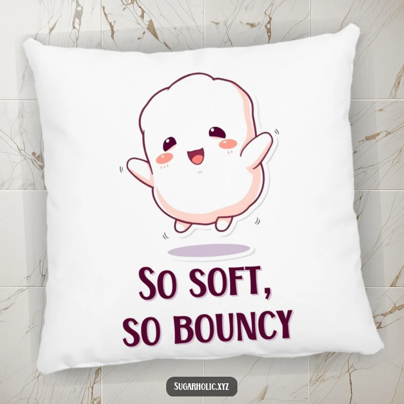 Funny Pillow: Soft, fluffy marshmallow character bounces with enthusiasm, perfect for comfort and decor.