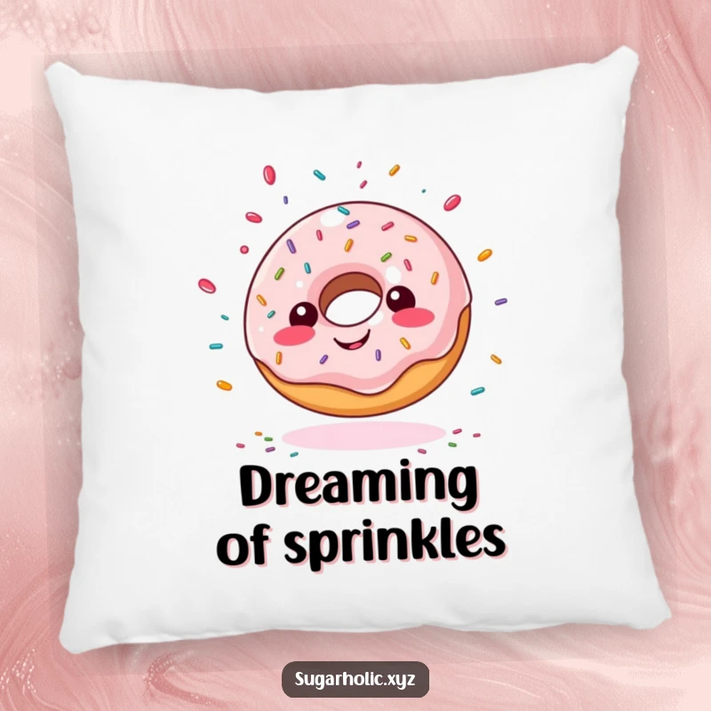Funny giddy doughnut pillow, with sprinkles flying outwards, providing humorous and comfortable decorative accents for gifts.