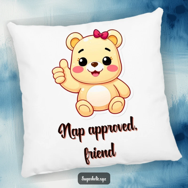 Funny pillow featuring a cheerful gummy bear character giving an enthusiastic thumbs up, perfect for adding cozy comfort and a dose of playful positivity.