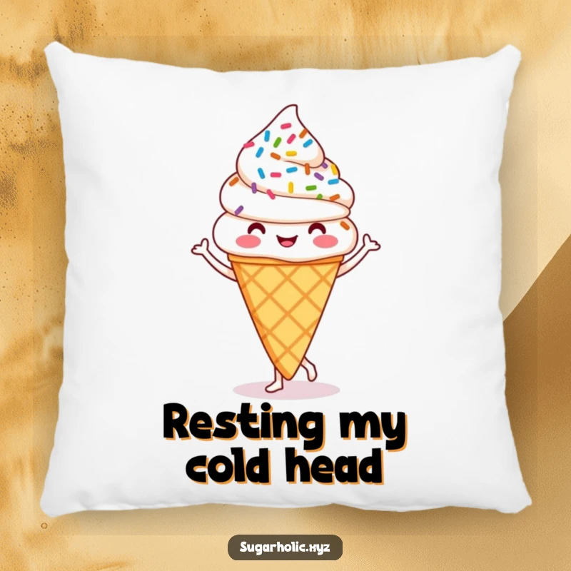 Funny ice cream cone pillow featuring a happy, jigging cone with sprinkles, designed for comfort and humorous appeal.