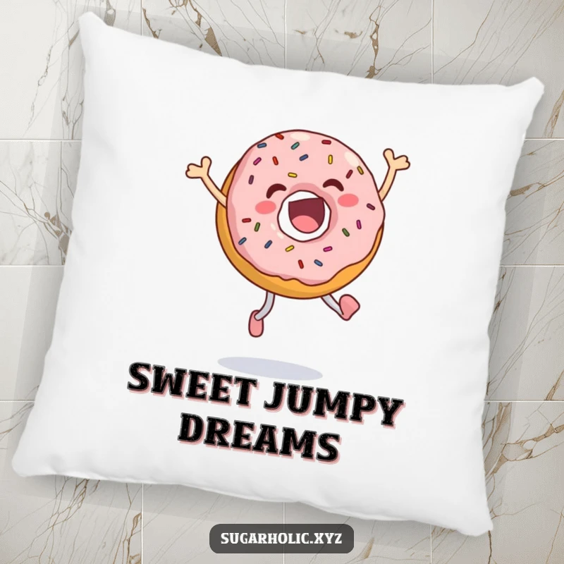 Funny jumping donut pillow featuring an ecstatic donut with sprinkles, captured in a joyful leap, perfect for comfort and a hug of humor.
