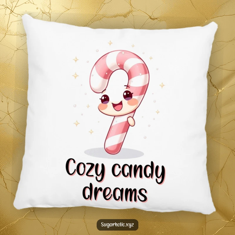 Funny pillow with a cheerful candy cane showering itself with sparkling sugar, cozy and festive.