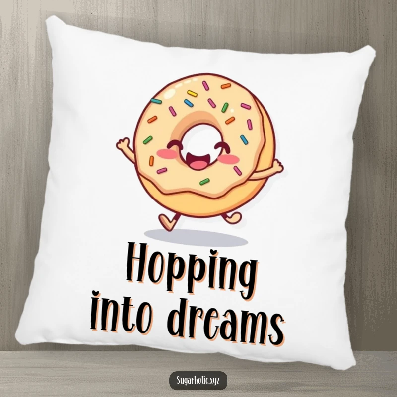 Funny donut pillow featuring a smiling face and sprinkles, shown in a delightful hop, soft comfort with a sweet twist.