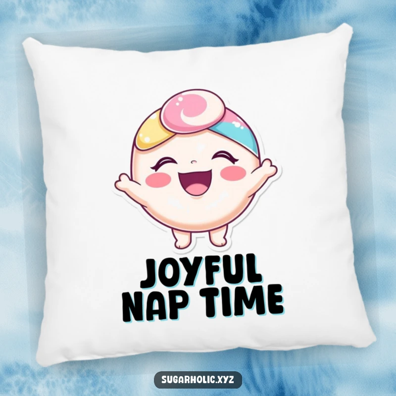 Funny pillow featuring a delighted candy character overflowing with pure joy, offering comfort and cheer.