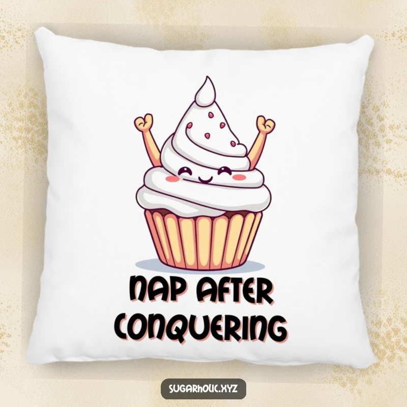 Funny pillow with a triumphant cupcake offering a sugary mountain, symbolizing sweet success.