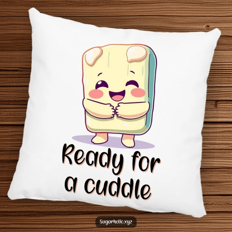 Funny pillow featuring a happy, melting candy bar character giving a generous hug, adding sweetness and comfort.