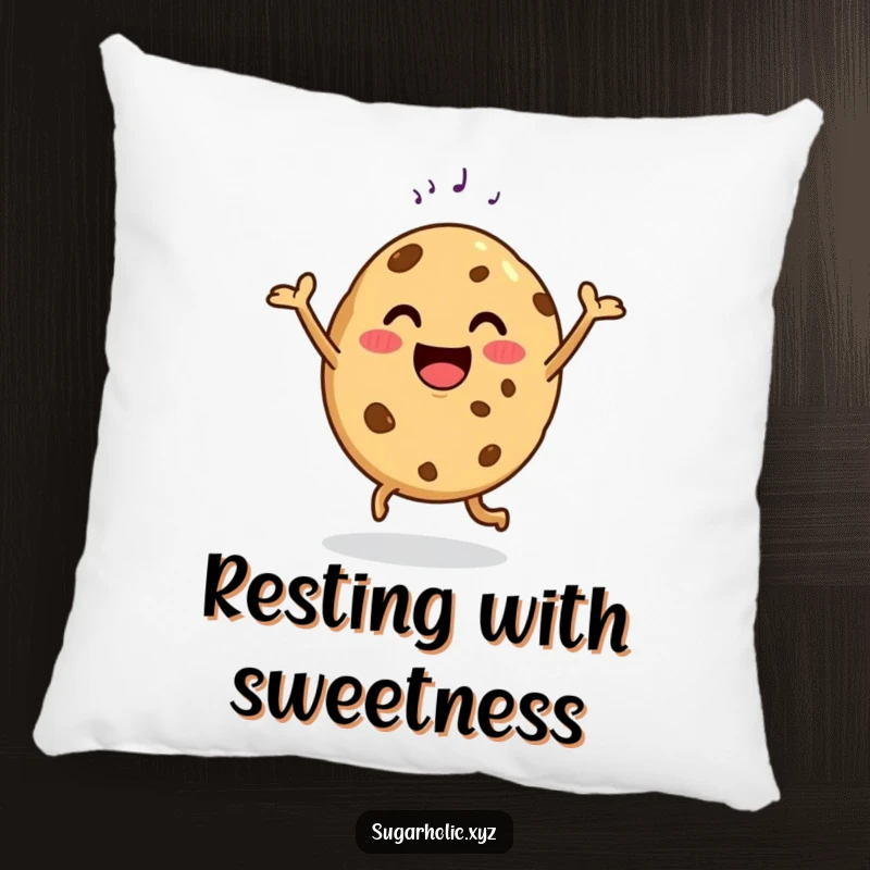 Funny pillow with a happy cookie doing a delighted dance with a sugar sprinkle, soft and cheerful.