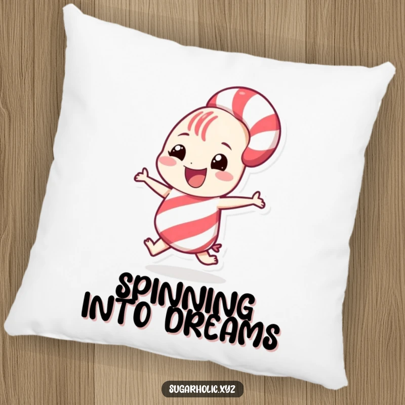Funny grinning candy cane character doing a playful spin on a plush pillow, perfect for lounging and festive decor.