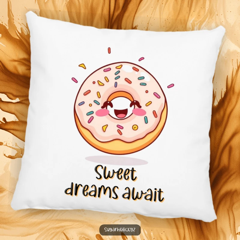 Funny doughnut pillow with sprinkles, bouncing with pure sugary joy, soft and decorative, adds cheer, funny gift.