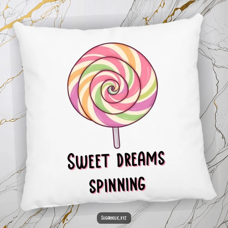 Funny lollipop pillow with a swirling pattern, spinning with excitement, soft and decorative, energetic design, funny gift.