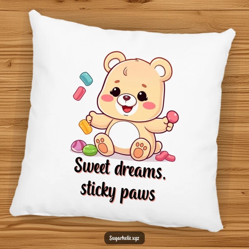 Funny Gummy Bear Pillow: A gummy bear with a sticky, wide smile attempts to juggle several candies, looking endearingly chaotic and fun.
