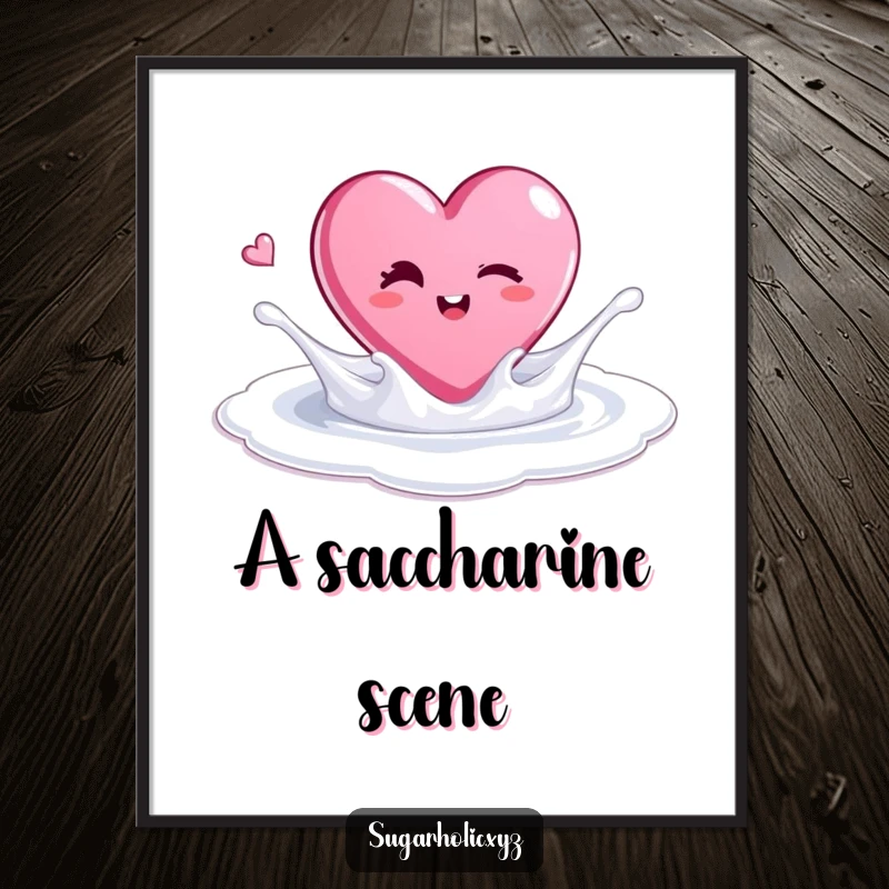 Funny digital art print of a winking candy heart splashing playfully in a sugar pool, adding sweetness indoors.