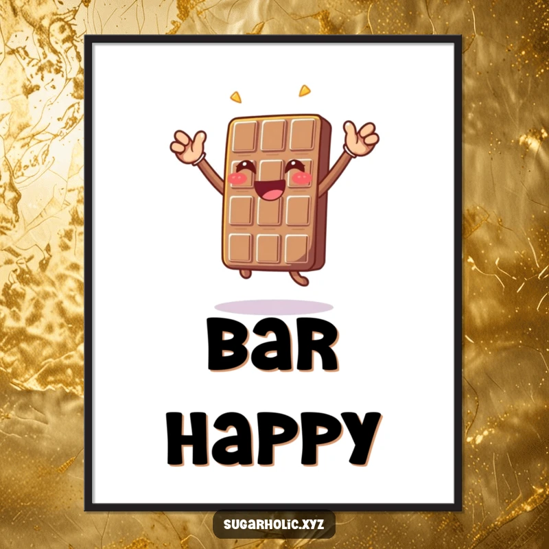 Funny chocolate bar character doing a celebratory jump, available as a high-resolution digital art print.