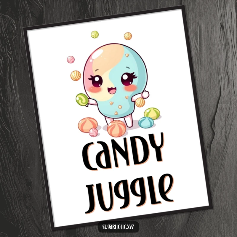 Funny Digital Art: Winking candy piece juggling glittering candies, looking magical and talented. Perfect funny gift.