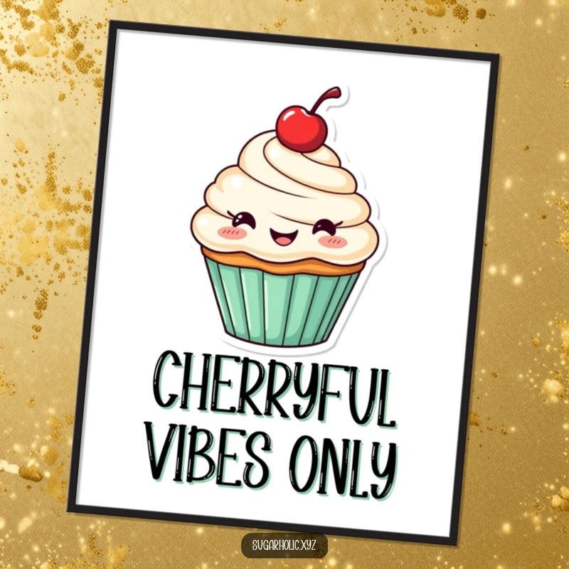 Funny digital art print of a cheerful cupcake with a cherry, happily cheering.