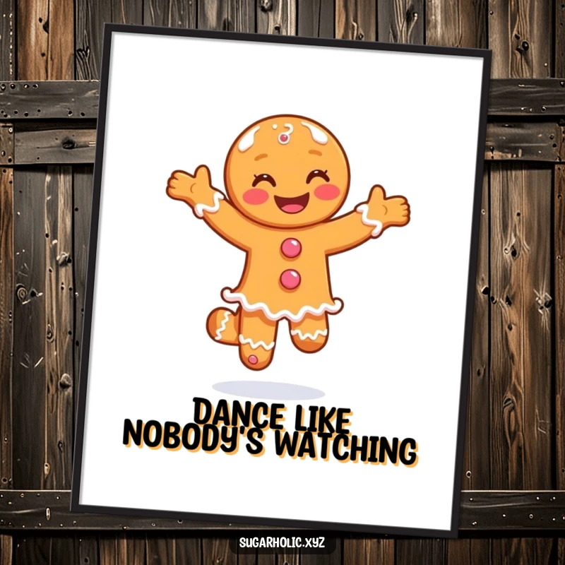 Funny digital art print of a smiling gingerbread man doing a joyful pirouette in sugar, instant festive decor.