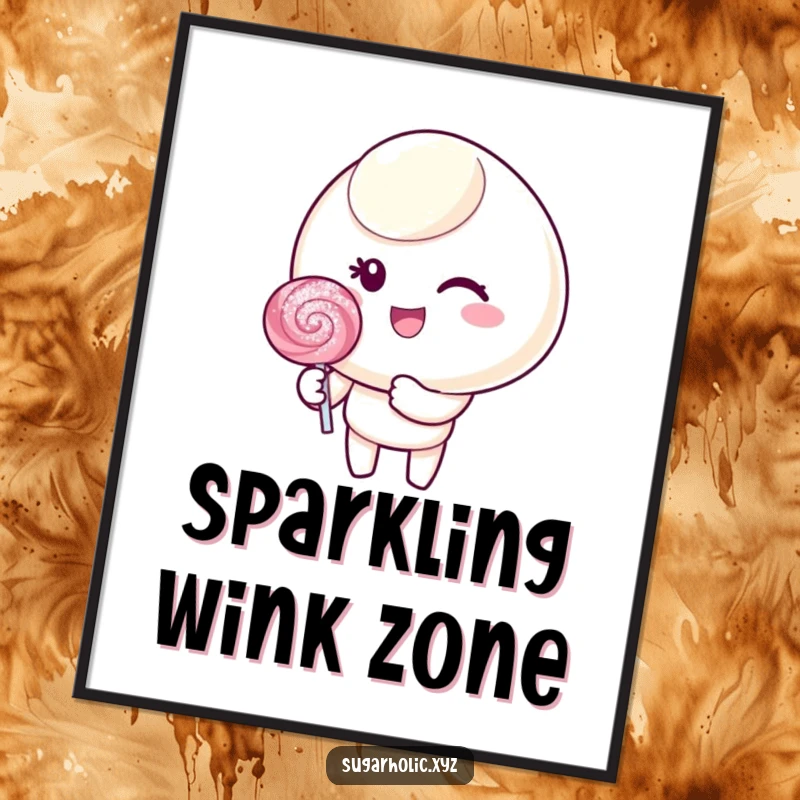 Funny digital art print of a candy character giving a cheerful wink while holding a glittering lollipop, adding sparkle.