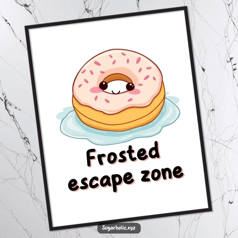 Funny digital art print of a delighted donut character swimming joyfully in a frosting pool, a sweet addition to any room.