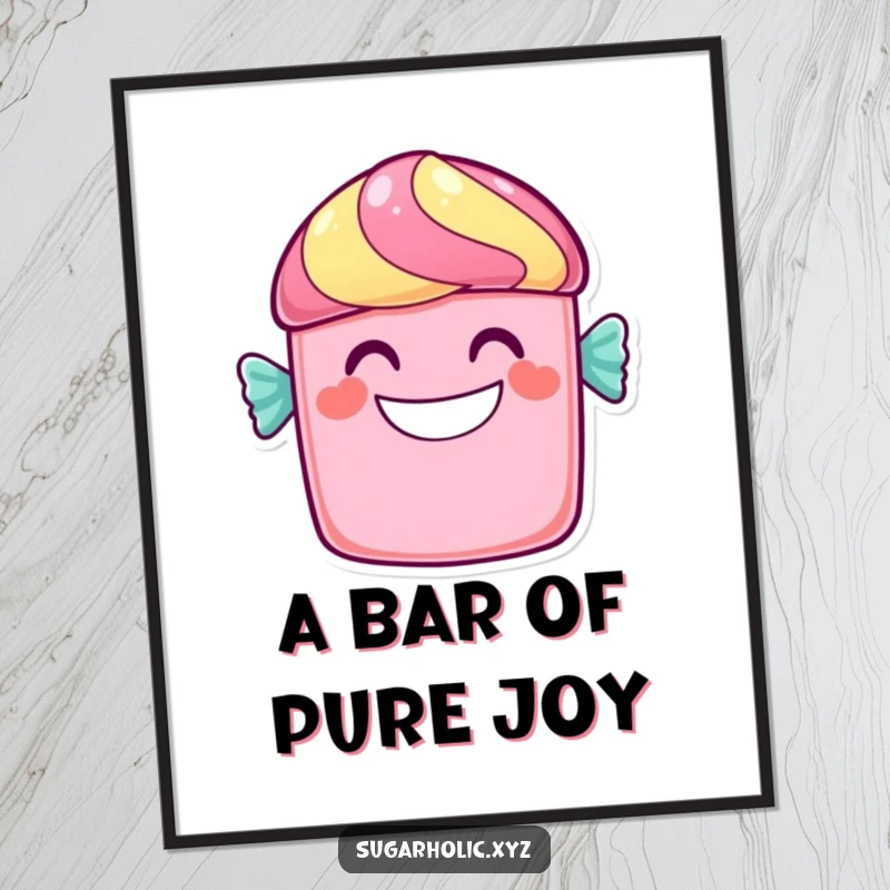 Funny candy bar digital art print with a cheerful character and a wide, sweet grin, a sweet and humorous piece.