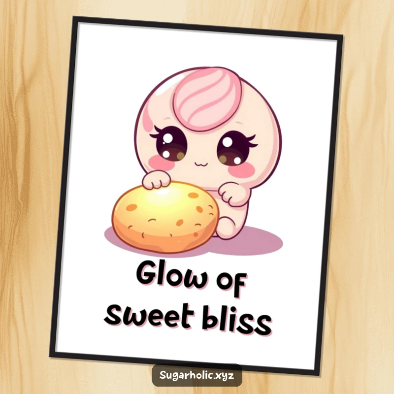 High-resolution funny candy character with shimmering eyes, reaching for a glowing cookie, instant wall art.