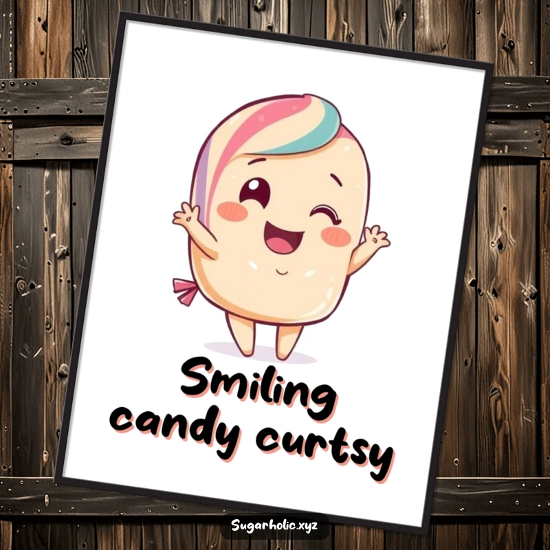 Funny candy digital art print of a smiling candy character doing a flamboyant curtsy. Elegant, humorous, and perfect for wall art.