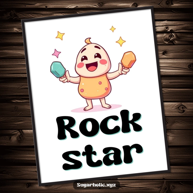 Funny candy character juggling sparkling rock candies, available as a high-resolution digital art print.