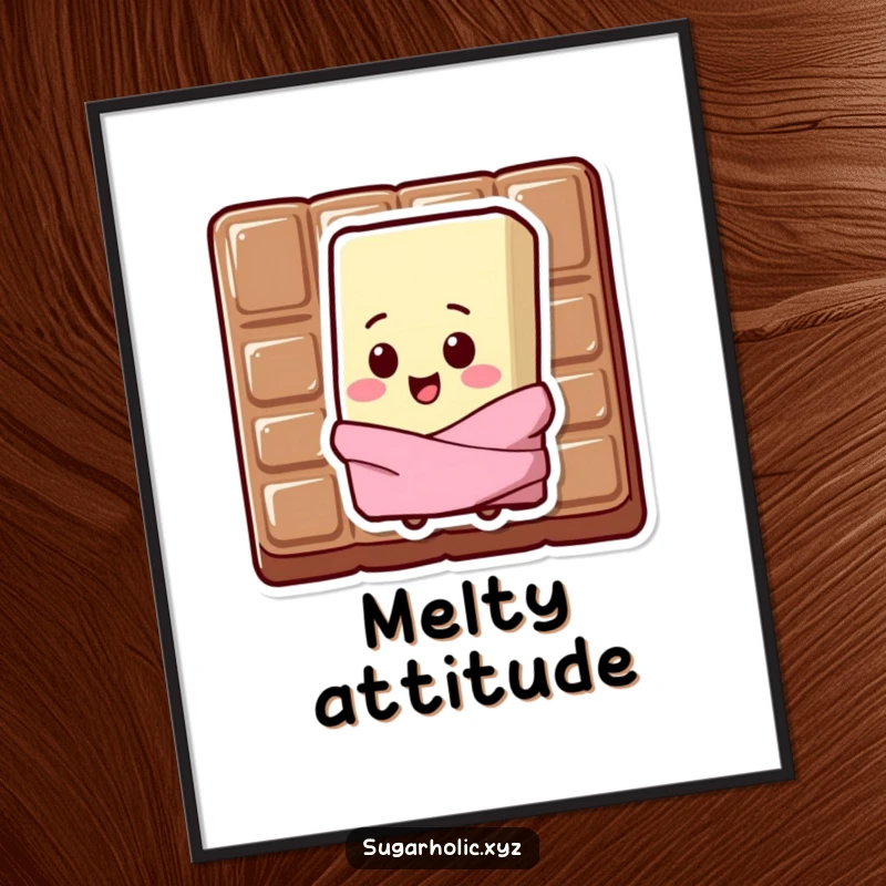 Funny Digital Art Print of a sweating chocolate bar character with a happy chip on its shoulder.