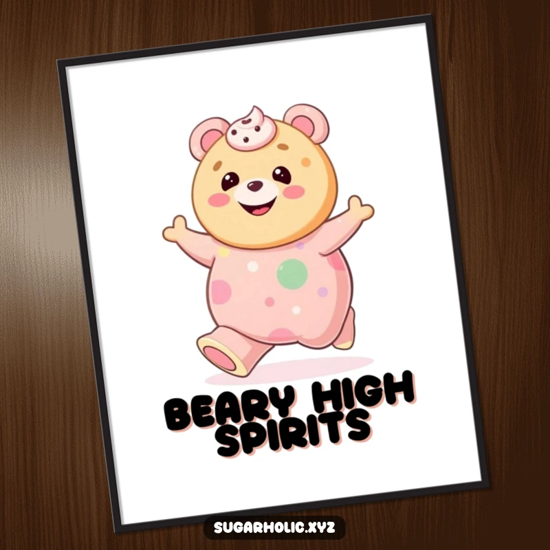 Funny cookie with frosting smile gleefully bouncing on a giant gummy bear as digital art, capturing playful happiness instantly.