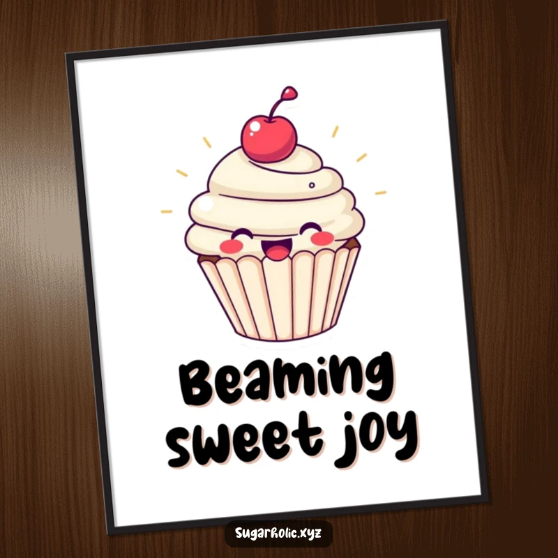 Funny cupcake digital art print of a beaming cupcake with a cherry, radiating pure joy. Sweet, cheerful, and uplifting illustration.