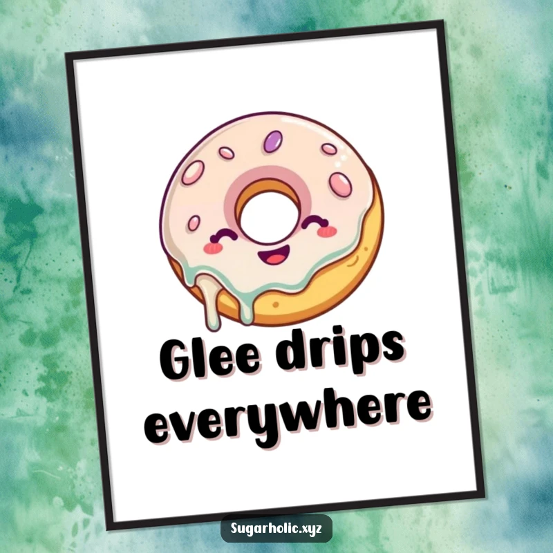 Funny Donut Digital Art: A delighted donut illustration with a glaze drip wiggles with glee, perfect for sweet printable wall art.