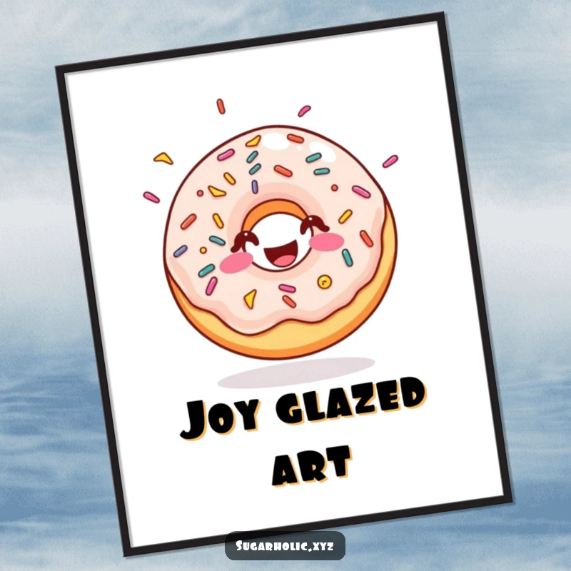 Funny doughnut digital art with sprinkles, bouncing with pure sugary joy, printable humor, cheerful decor, funny gift.