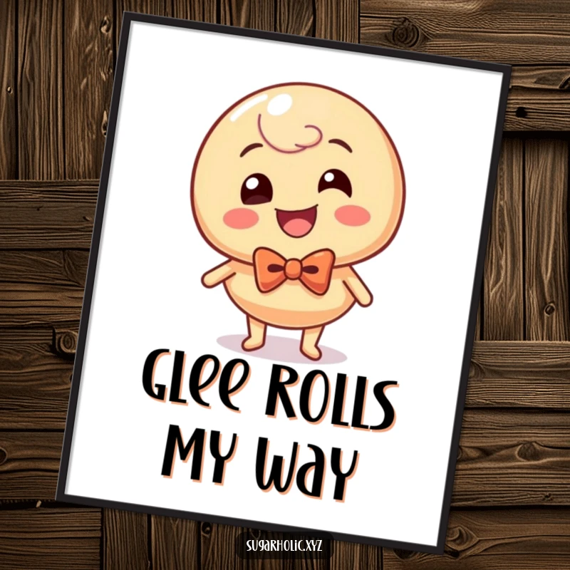 Funny caramel candy character, complete with a bow tie, rolling with pure glee, available as a high-resolution digital art print.