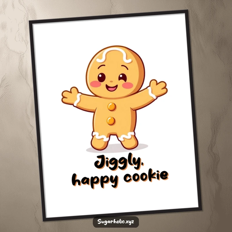 Funny digital art print of a smiling gingerbread cookie character doing a happy jig.