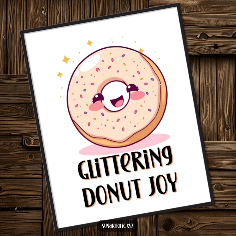 Funny sparkling donut character joyfully sprinkling glitter, as a digital art print, capturing sweet, celebratory joy.