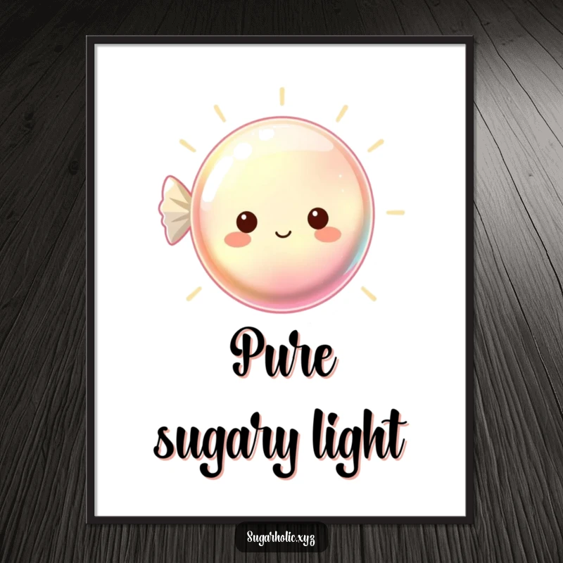 Funny digital art print of a beaming, shimmering hard candy, bringing instant joy and sparkle.