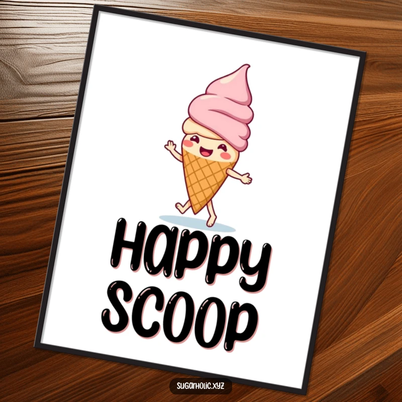Funny ice cream cone character doing a happy little jig, available as a high-resolution digital art print.