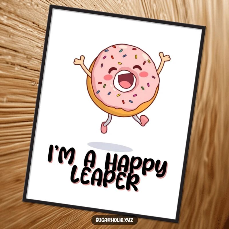 Funny jumping donut digital art print of an ecstatic donut with sprinkles, captured in a joyful leap, instant playful decor.