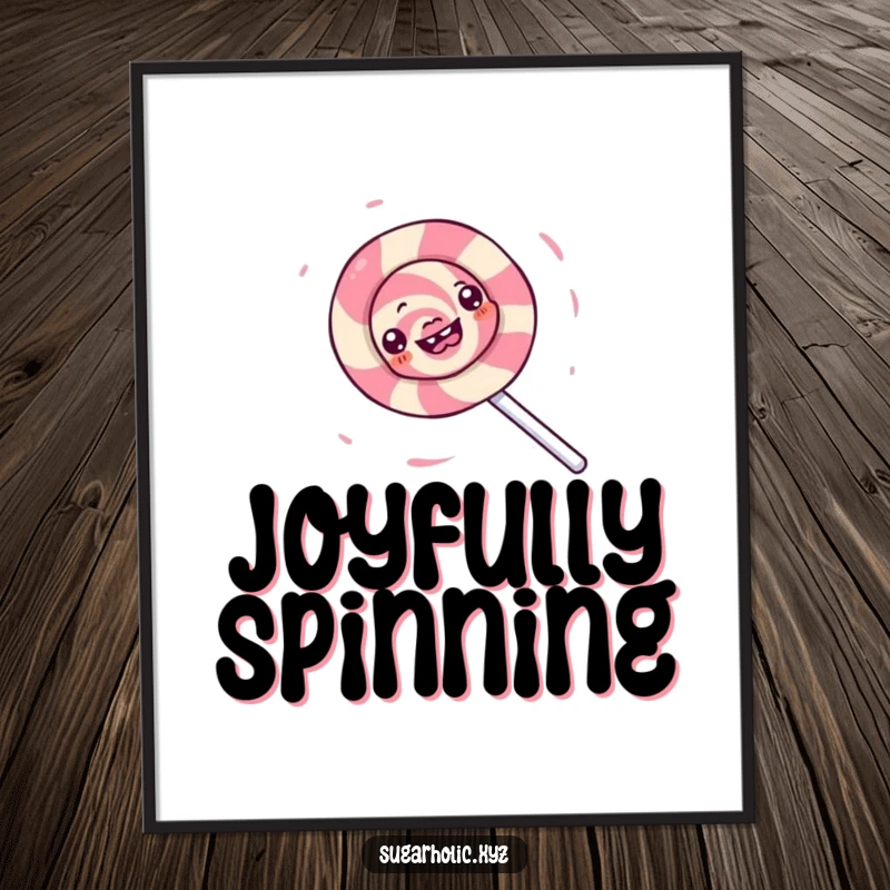 Funny digital art print of a gleeful lollipop character spinning in a whirlwind of sugary delight, perfect for vibrant decor.