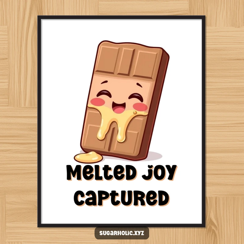 Funny melting chocolate bar digital art print, a character giggling as it melts, perfect for humorous digital display or print gifts.