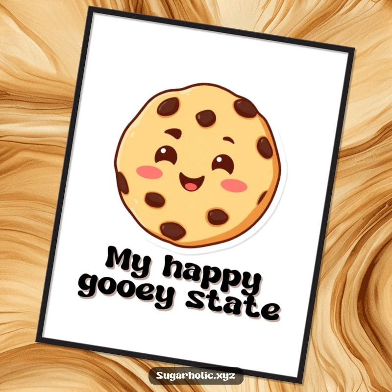 Funny digital art print of a cheerful chocolate chip cookie character, smiling warmly and melting with happiness.