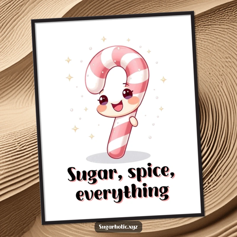 Funny digital art print of a cheerful candy cane showering itself with sparkling sugar, instant festive decor.