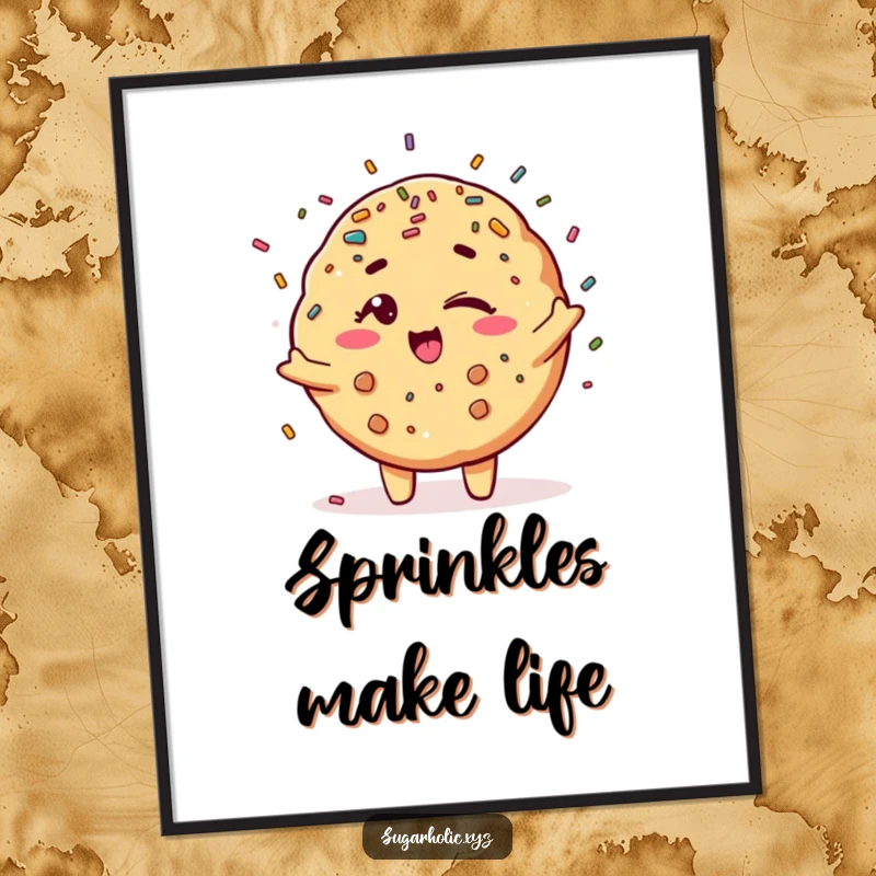 Funny winking cookie character showering sprinkles, a vibrant digital art print for instant cheer.