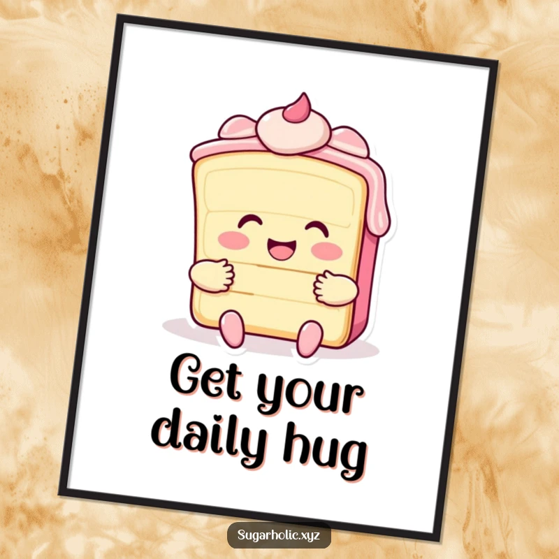 Funny digital art print of a smiling cake slice with frosting giving a big hug, ideal for sweet and cheerful decor.