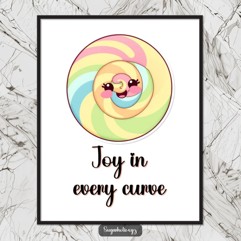 Funny digital art print of a delighted candy swirl with a playful smile, bringing instant cheer.