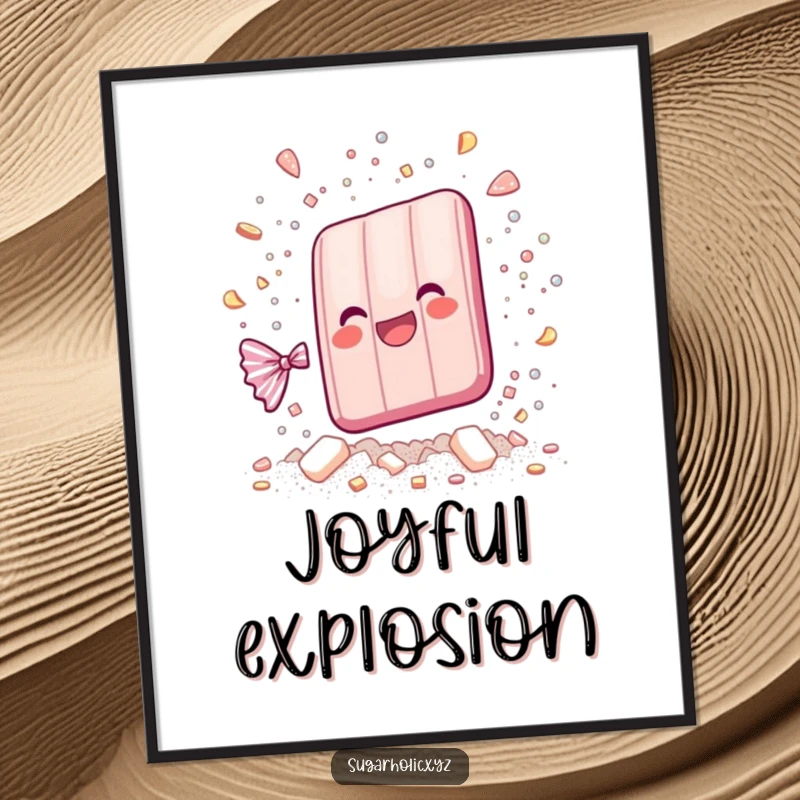 Funny whimsical candy bar shattering into sparkling sugar particles as digital art, capturing pure, dazzling joy instantly.