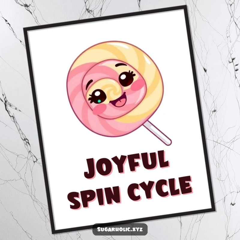 Funny Lollipop Digital Art: A giggling lollipop illustration spins joyfully, perfect for printable wall decor with a sweet theme.