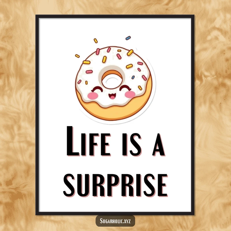 Funny digital art print of a surprised donut character winking amidst a vibrant shower of colorful sprinkles.
